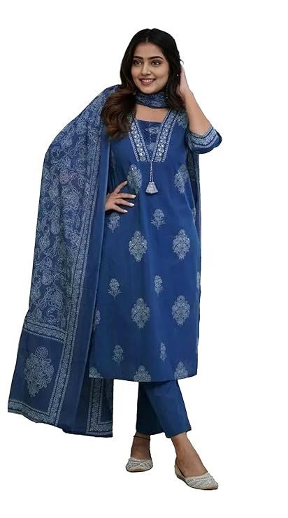 PARTHVI|Women's Pure Cotton Printed with Handwork Kurta with Pants and Dupatta Set | Ethnic Set | Suit Set | Kurta Set | Wedding Suit Set Navy Blue