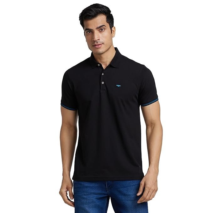 Park Avenue Men's Cotton Polyester Blend Solid Pattern Slim Fit Rib Collar Polo Neck Half Sleeve Casual T-Shirt