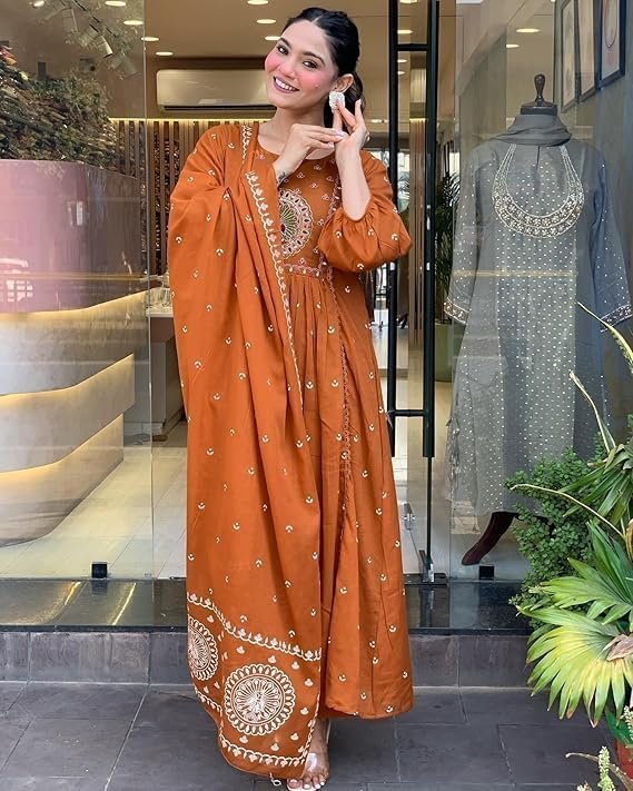 KLOSIA Women Rayon Printed Anarkali Kurta Set with Dupatta Rust - Image 3