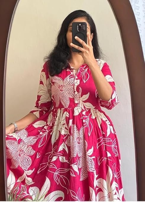 ROYALICA Women's Pure Cotton Maxi Midi Dress Western Dress for Women Elegant Floral Printed Long Dresses | Soft & Breathable Fabric | Casual Trending Dress for Women Pink
