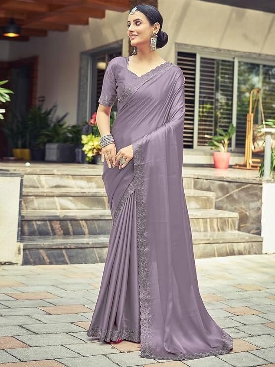 Satrani Women's Satin Silk Hot Fixing Saree with Unstitched Blouse Piece Light Purple - Image 2