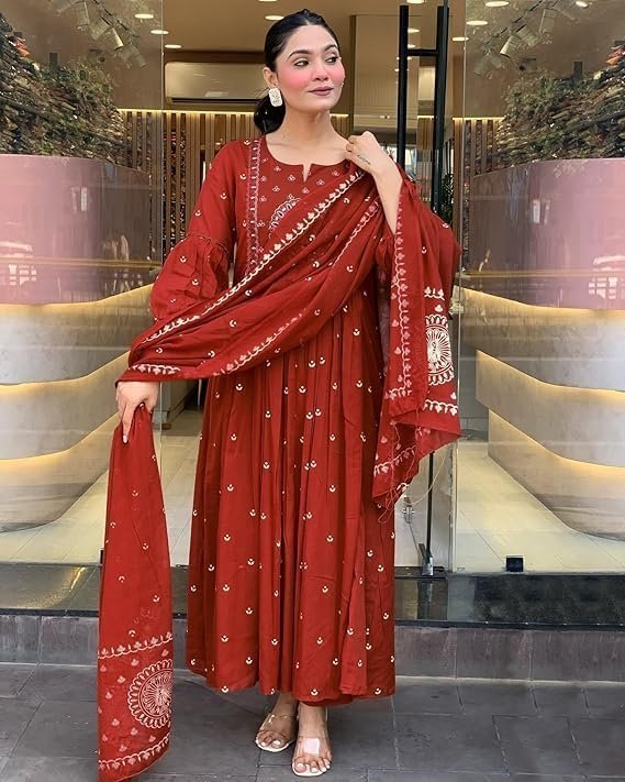 KLOSIA Women Rayon Printed Anarkali Kurta Set with Dupatta Maroon