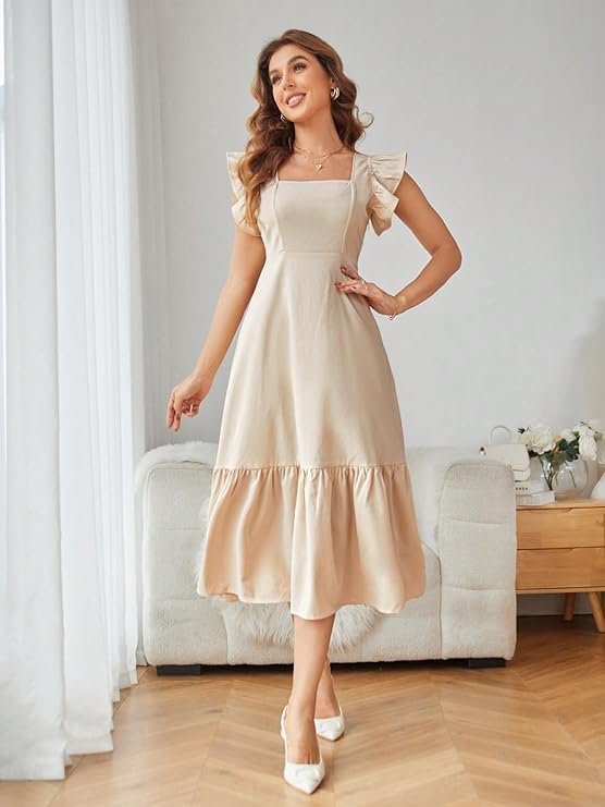 Shasmi Girl's & Women's Solid Color Square Neck, Ruffle-Trimmed Hem Sleeveless, Ruffle Armhole and Casual Dress with Cinched Waist Vacation Outfits Woman (Dress 162) Beige