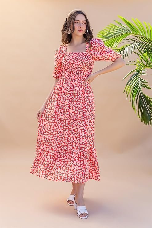 Sheetal Associates Women's Casual Flower Print Puff Sleeves Maxi Dress - Red