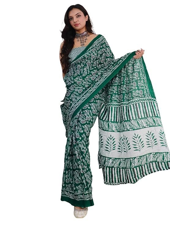 SIRIL Women's Cotton Printed Ready To Wear One Minute Saree With Unstitched Blouse Piece Green