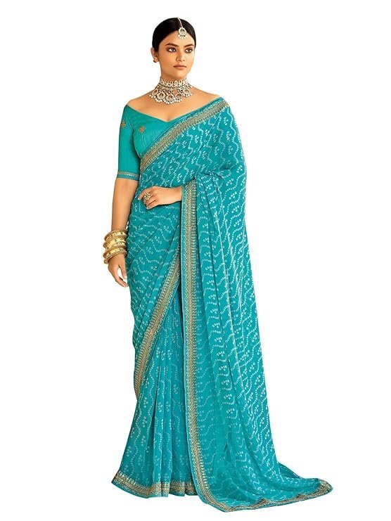SIRIL Women's Bandhani Printed Embroidery Lace Georgette Saree with Unstitched Blouse Piece Sky Blue