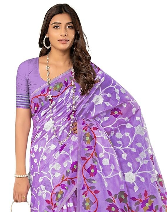 SIRIL Women's Cotton Jacquard Saree With Unstitched Blouse Piece Lavender