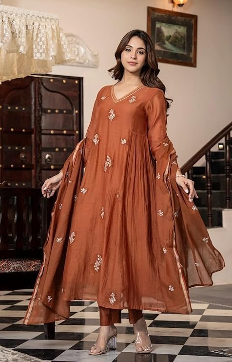 KLOSIA Women Embroidery Solid Anarkali Kurta and Pant Set with Dupatta Orange