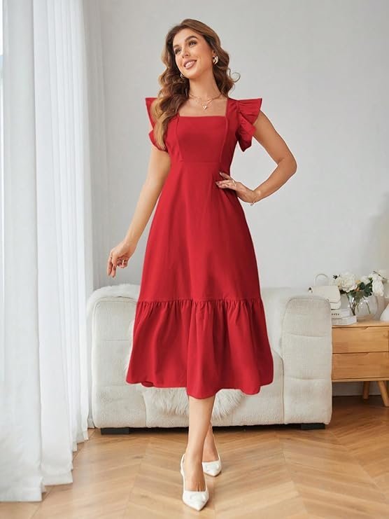 Shasmi Girl's & Women's Solid Color Square Neck, Ruffle-Trimmed Hem Sleeveless, Ruffle Armhole and Casual Dress with Cinched Waist Vacation Outfits Woman (Dress 162) Red