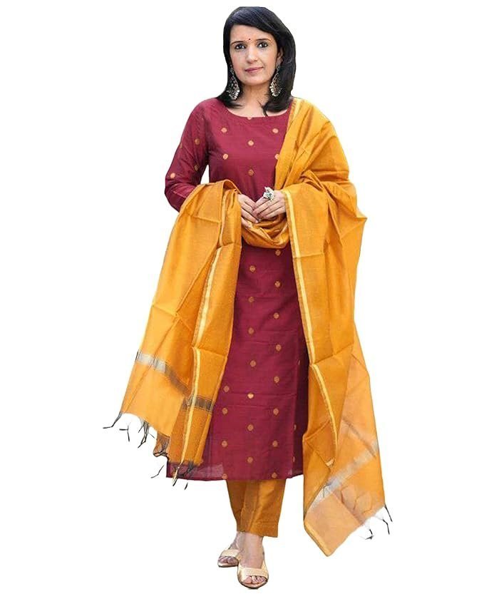 GoSriKi Women's 3 Piece Kurta Pant Dupatta Set | Silk Cotton Kurta Sets for Woman | Kurti Set for Woman | Elegant Suit Set for Women Cotton | Women Kurta Sets with Dupatta Cotton Maroon