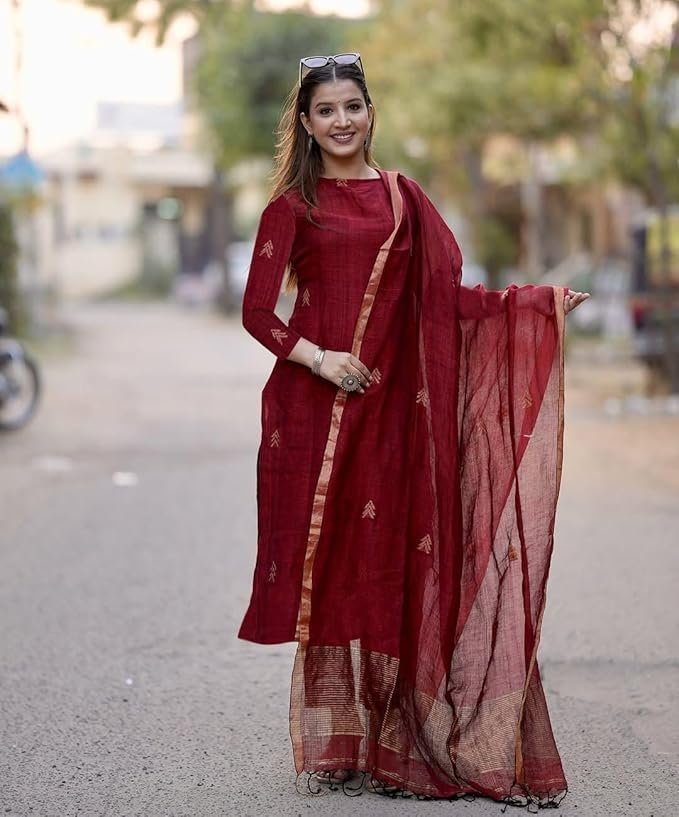 ANNI DESIGNER Pure Cotton Maroon Kurta Pant Set with Dupatta for Women | 3 Piece Gold Hand Block Printed Suit Set | Cotton Kurta Set for Women | Festive Kurti Set Maroon - Image 2