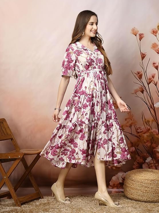 Stylum Women's Floral Printed Cotton Flared Dress Magenta
