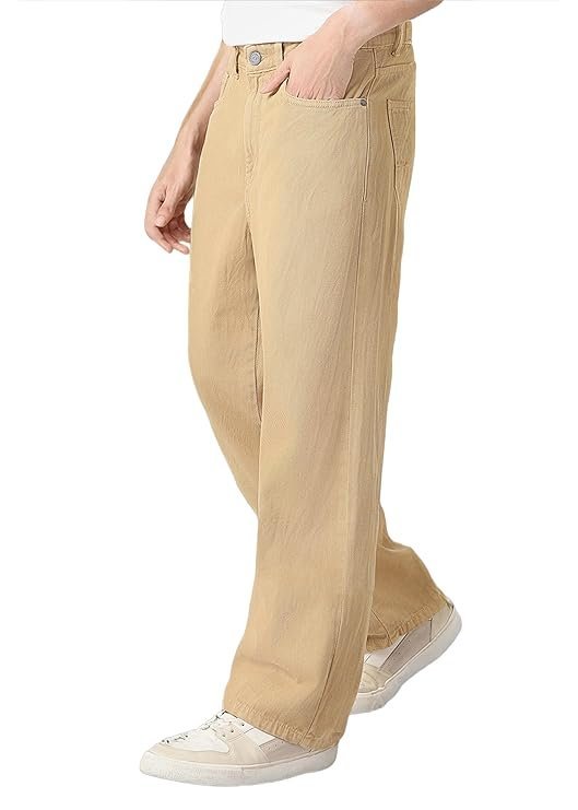 Urbano Fashion Men's Loose Mid Rise Baggy Fit Washed Jeans Non-Stretchable Beige