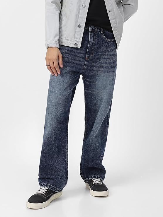Urbano Fashion Men's Loose Mid Rise Baggy Fit Washed Jeans Non-Stretchable Dark Blue - Image 3