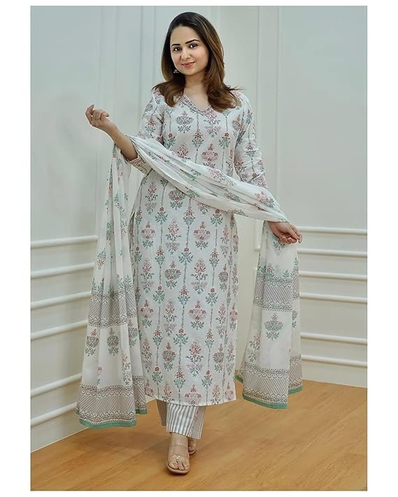 KLOSIA Women's Viscose Kurta Set with Dapatta White - Image 3