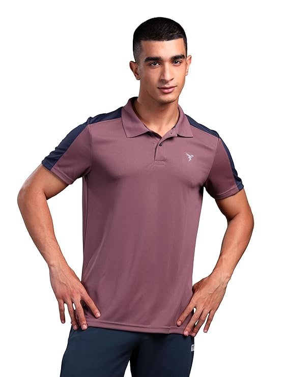TECHNOSPORT Men's Polyester Slim Fit Block Half Sleeve Polo Neck T-Shirt with Anti Microbial, SPF50+ and Technocool+ for Gym, Regular Use and Sport