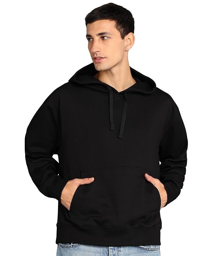 Alan Jones Clothing Men?s Solid Oversized Hoodie | Cotton Blend Pullover with Kangaroo Pocket & Adjustable Hood | Casual Winter Black