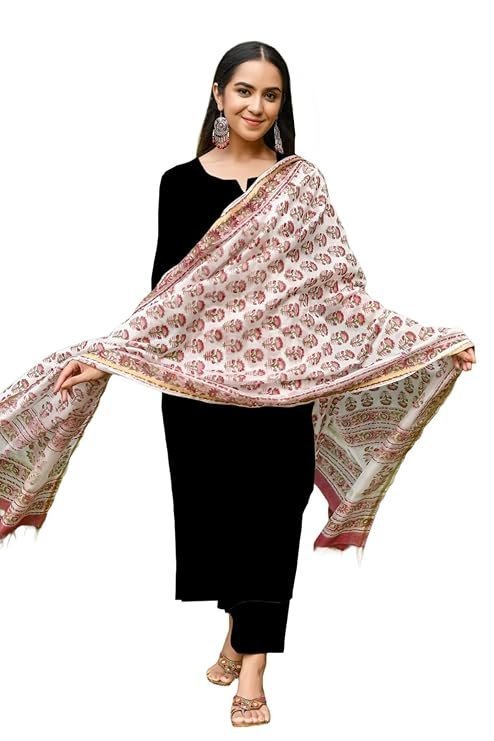 ANNI Designer Women's Rayon Viscose Straight Solid Kurta with Pant & Dupatta Black & White