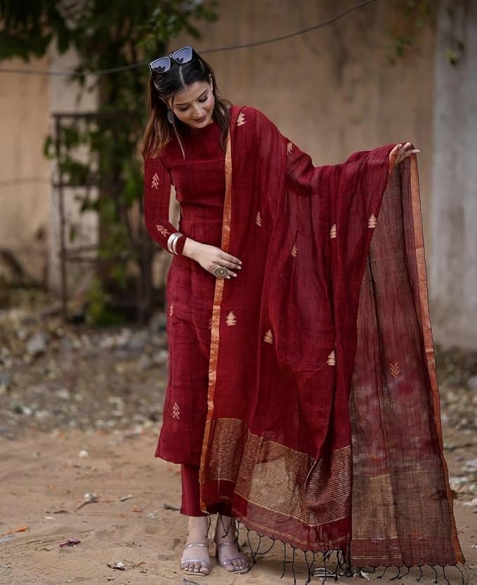 ANNI DESIGNER Pure Cotton Maroon Kurta Pant Set with Dupatta for Women | 3 Piece Gold Hand Block Printed Suit Set | Cotton Kurta Set for Women | Festive Kurti Set Maroon - Image 3