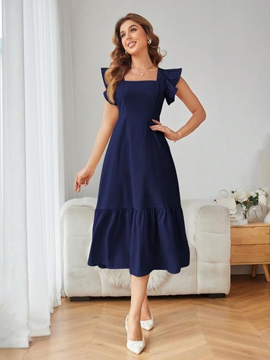 Shasmi Girl's & Women's Solid Color Square Neck, Ruffle-Trimmed Hem Sleeveless, Ruffle Armhole and Casual Dress with Cinched Waist Vacation Outfits Woman (Dress 162) Navy Blue