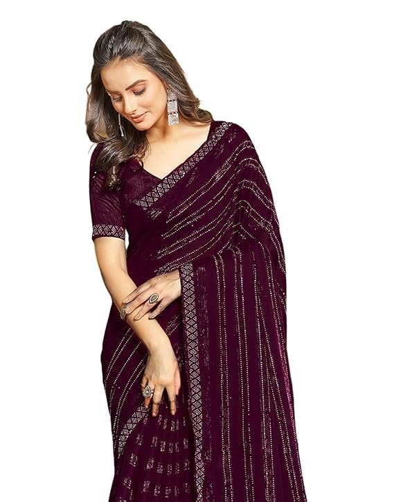 SIRIL Women's Chiffon Hot Fixing Stone Work Saree With Unstitched Blouse Wine
