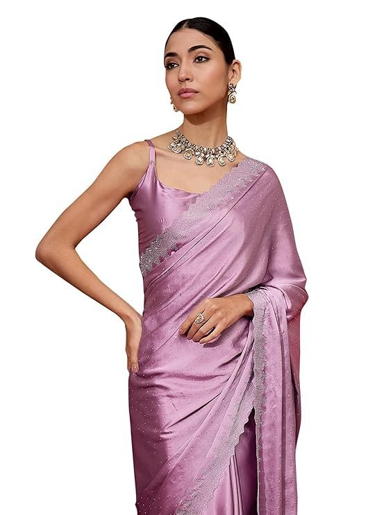 AKHILAM Women's Satin Silk Hot Fix Solid Saree With Unstitched Blouse Piece Mauve