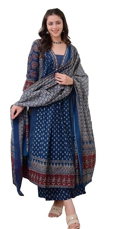KLOSIA Women's Rayon Printed Anarkali Kurta and Pant with Dupatta Set Teal Blue