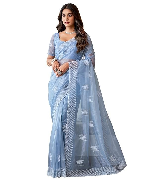SIRIL Women's Embroidery Work Organza Saree with Unstitched Blouse Piece Light Blue