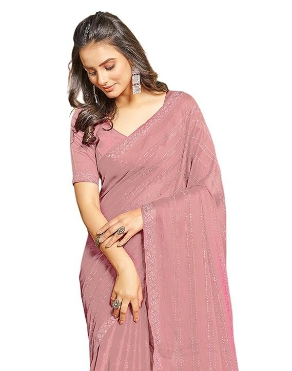 SIRIL Women's Chiffon Hot Fixing Stone Work Saree With Unstitched Blouse Piece Peach