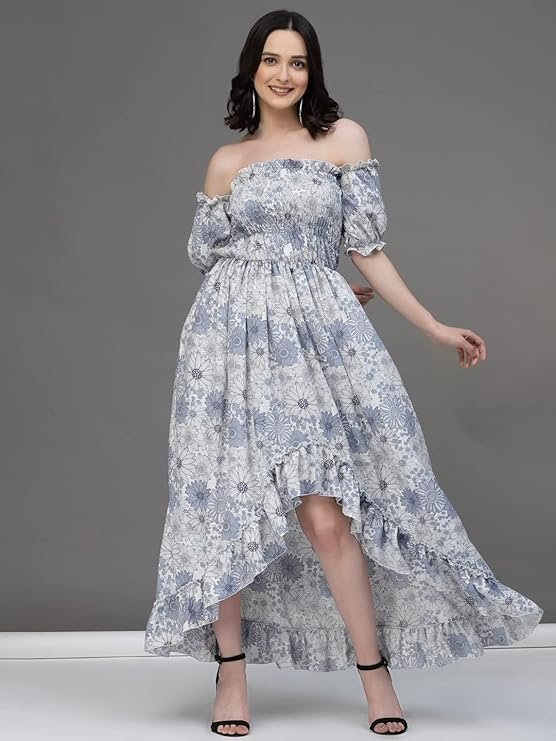 OOMPH! Flared Dress for Women Stylish | Long One Piece for Women | Off Shoulder Puff Sleeve Long Dress | Floral Print Maxi One Piece | Western & Fusion wear Bohemian Style Light Grey