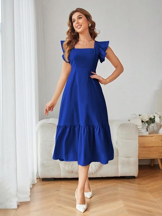 Shasmi Girl's & Women's Solid Color Square Neck, Ruffle-Trimmed Hem Sleeveless, Ruffle Armhole and Casual Dress with Cinched Waist Vacation Outfits Woman (Dress 162) Royal Blue