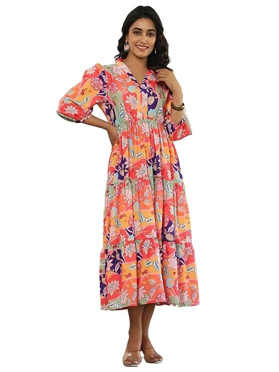Leriya Fashion Women?s Floral High-Low Maxi Dress | V-Neck A-Line Fit | 3/4 Sleeve Summer Outfit for Vacation, Brunch, Festive & Beach Wear Orange