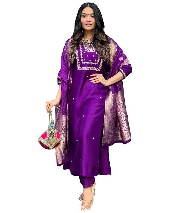 GoSriKi Women's Silk Blend Straight Embroidered Kurta with Pant & Dupatta Begani