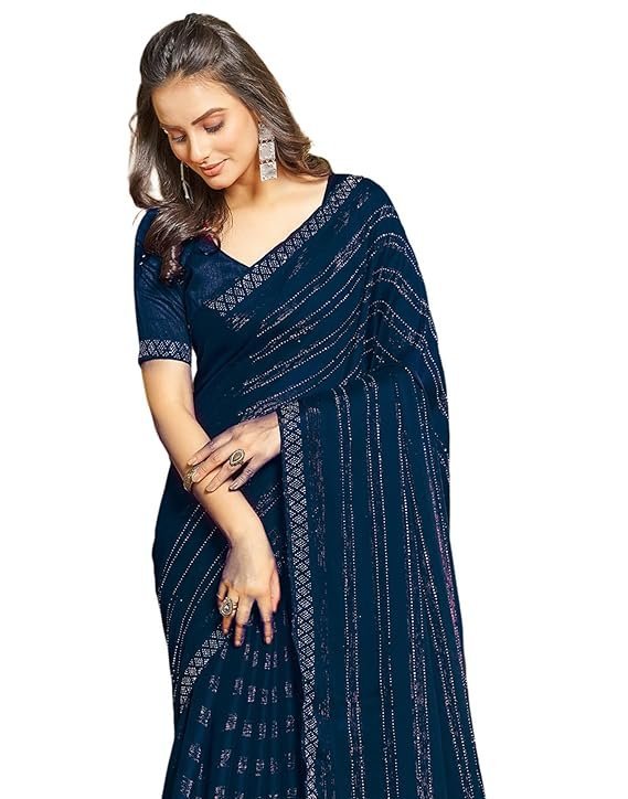 SIRIL Women's Chiffon Hot Fixing Stone Work Saree With Unstitched Blouse Piece Navy Blue