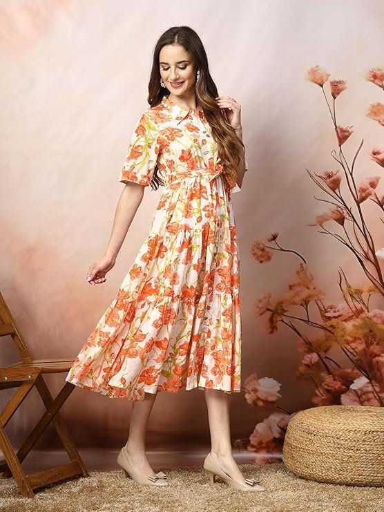 Stylum Women's Floral Printed Cotton Flared Dress Orange