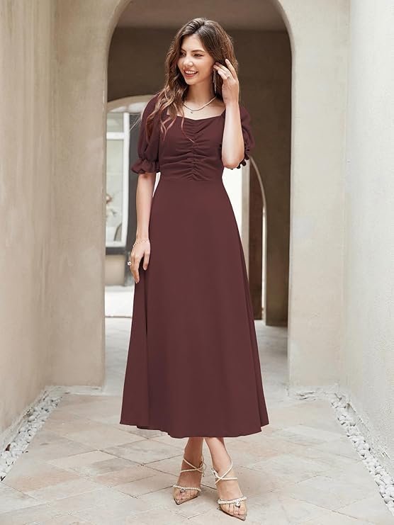Shasmi Girl's & Women's Solid A-Line Ruched Puff Sleeve Maxi Long Evening One Piece Long Dress for Women Stylish (Dress 131) Brown - Image 3