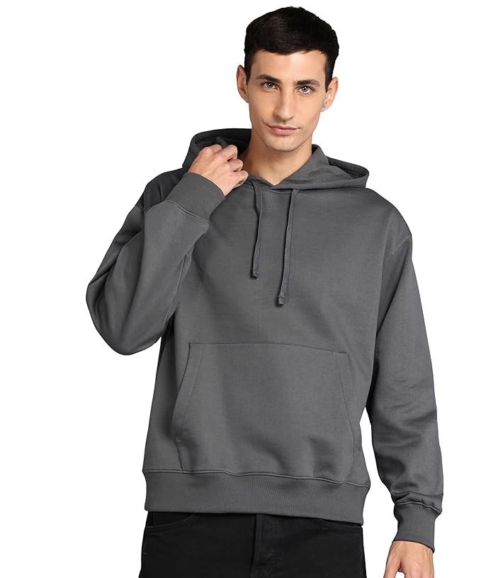 Alan Jones Clothing Men?s Solid Oversized Hoodie | Cotton Blend Pullover with Kangaroo Pocket & Adjustable Hood | Casual Winter Wear Anthracite Grey