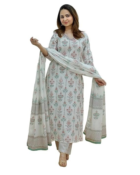 KLOSIA Women's Viscose Kurta Set with Dapatta White