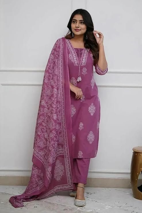 PARTHVI|Women's Pure Cotton Printed with Handwork Kurta with Pants and Dupatta Set | Ethnic Set | Suit Set | Kurta Set | Wedding Suit Set Wine