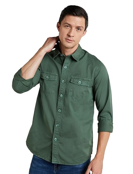 Symbol Premium Men's Casual Washed Cotton Twill Shirt (Regular Fit) Green