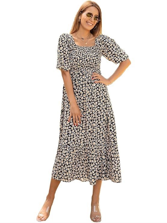 Sheetal Associates Women's Casual Flower Print Puff Sleeves Maxi Dress - Black