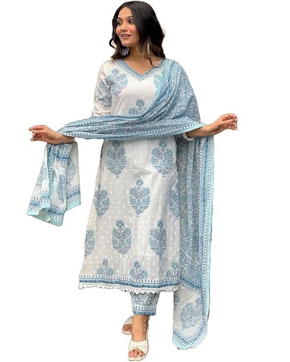 Nermosa Women Cotton Block Printed Kurta Pant With Dupatta White