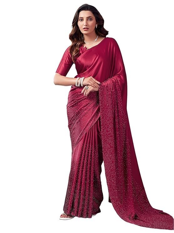 Satrani Women's Satin Silk Hot Fixing Saree with Unstitched Blouse Piece Maroon