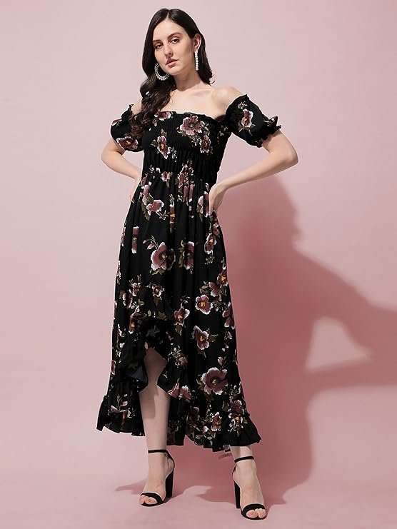 OOMPH! Flared Dress for Women Stylish | Long One Piece for Women | Off Shoulder Puff Sleeve Long Dress | Floral Print Maxi One Piece | Western & Fusion wear Bohemian Style Black