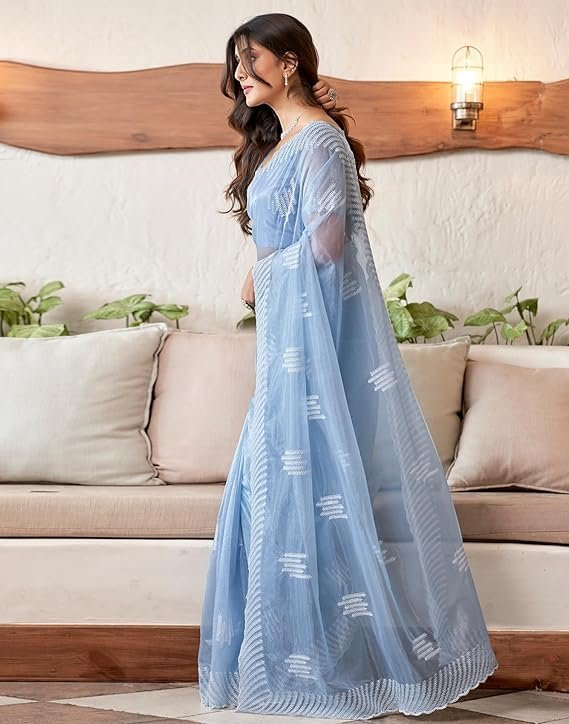SIRIL Women's Embroidery Work Organza Saree with Unstitched Blouse Piece Light Blue - Image 3