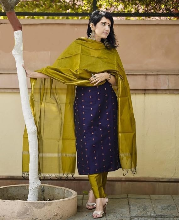 GoSriKi Women's 3 Piece Kurta Pant Dupatta Set | Silk Cotton Kurta Sets for Woman | Kurti Set for Woman | Elegant Suit Set for Women Cotton | Women Kurta Sets with Dupatta Cotton Blue - Image 2