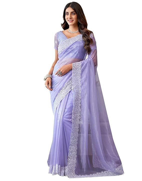 SIRIL Women's Embroidery Work Organza Saree with Unstitched Blouse Piece Lavender