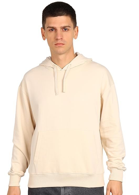 Alan Jones Clothing Men?s Solid Oversized Hoodie | Cotton Blend Pullover with Kangaroo Pocket & Adjustable Hood | Casual Winter Sand