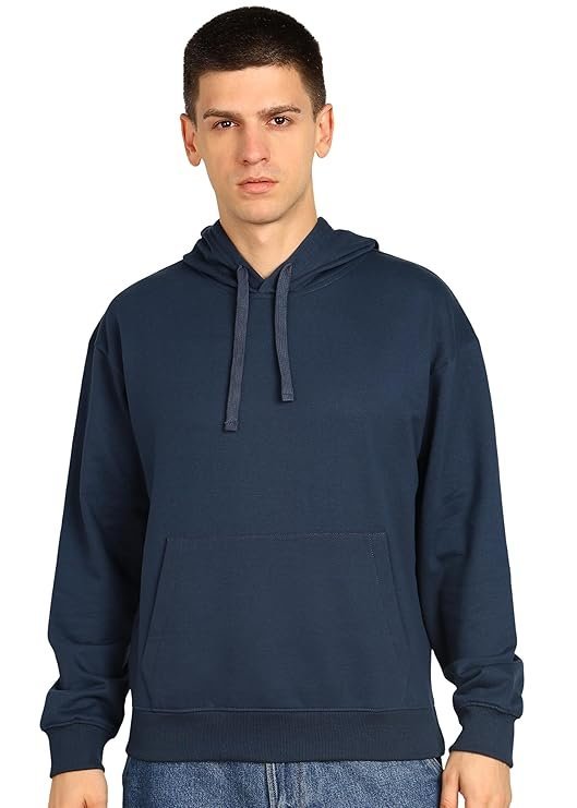Alan Jones Clothing Men?s Solid Oversized Hoodie | Cotton Blend Pullover with Kangaroo Pocket & Adjustable Hood | Casual Winter Wear Dark Bue