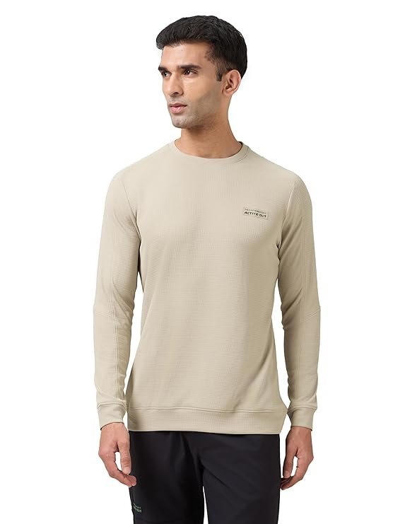 TECHNOSPORT Men's Slim Fit Textured Crew Neck Full Sleeve Active Out Cubix T-Shirt for Gym, Sports & Regular Use